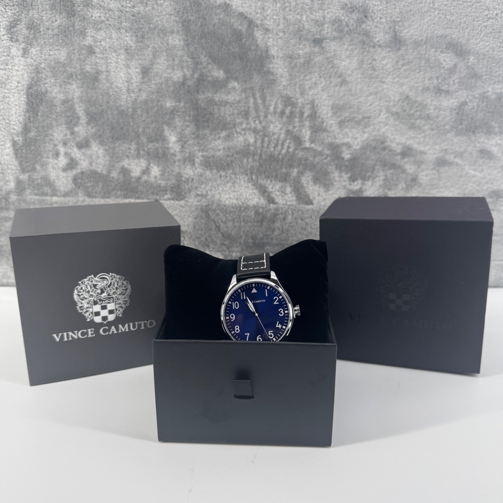 NWT Vince Camuto Mens Watch Blue Dial Silver Tone Case Black Leather VC/1120